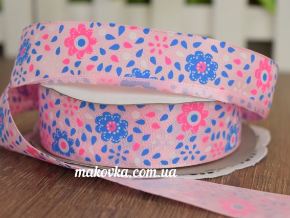 Лента атласная 25 мм с рисунком ЦВЕТЫ №1 светло-розовая, 1 м