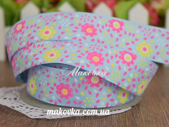 Лента атласная 25 мм с рисунком ЦВЕТЫ №1 голубая, 1 м