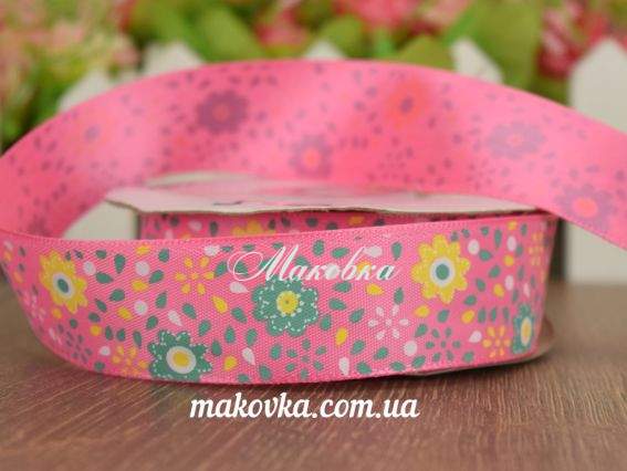 Лента атласная 25 мм с рисунком ЦВЕТЫ №1 розовая, 1 м