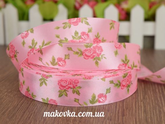 Лента атласная 25 мм с рисунком Розочки №1 розовая с розовыми розочками, 1 м Лента атласная 25 мм с рисунком Розочки №1 розовая с розовыми розочками, 1 м