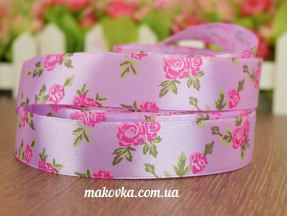Лента атласная 25 мм с рисунком Розочки №1 розово-сиреневая с розовыми розочками, 1 м Лента атласная 25 мм с рисунком Розочки №1 розово-сиреневая с розовыми розочками, 1 м