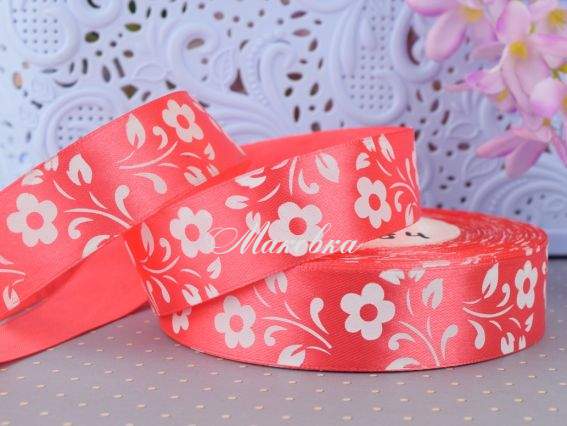 Лента атласная 25 мм с рисунком ЦВЕТЫ №2 красная , 1 м