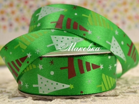 Лента атласная 25мм с новогодним рисунком Елки, зеленая, 1 метр Лента атласная 25мм с новогодним рисунком Елки, зеленая, 1 метр