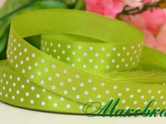 Лента атласная 15 мм, Светло-зеленая в белый горошек, 1 м Лента атласная 15 мм, Светло-зеленая в белый горошек, 1 м