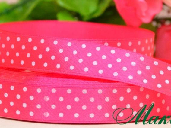 Лента атласная 15 мм Малиновая в белый горошек, 1 м Лента атласная 15 мм Малиновая в белый горошек, 1 м