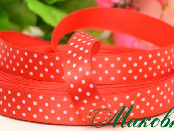 Лента атласная 15 мм Красная в белый горошек, 1 м Лента атласная 15 мм Красная в белый горошек, 1 м