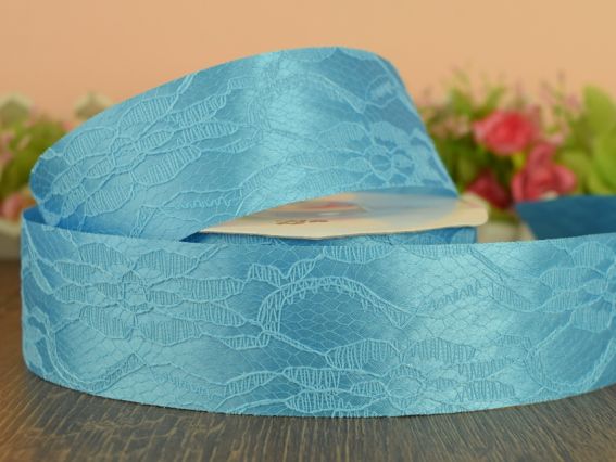 Лента атласная с кружевом 40мм , бирюзовая, 1 метр