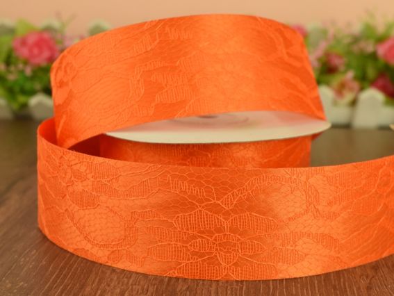 Лента атласная с кружевом 40мм , оранжевая, 1 метр
