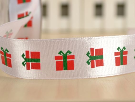 Лента атласная с рисунком Подарки, белая, 1 метр Лента атласная с рисунком Подарки, белая, 1 метр