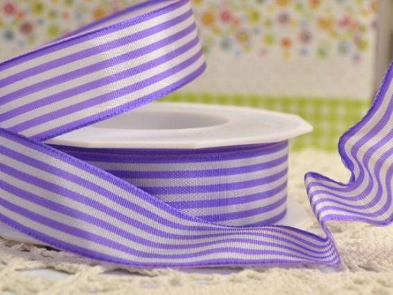 Лента атласная 25 мм в полоску Бело-Сиреневая, с жестким краем,  1 м Лента атласная 25 мм в полоску Бело-Сиреневая, с жестким краем,  1 м