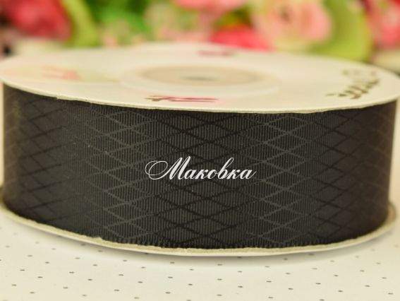 Стрічка атласна 25 мм №03 сітка-ромбики, чорна 1 м Стрічка атласна 25 мм №03 сітка-ромбики, чорна 1 м