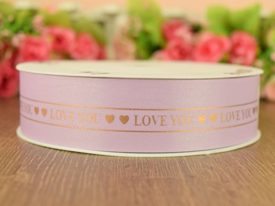 Декоративная лента 30мм, из полиэстера Сиреневая с надписью Love you, 1м