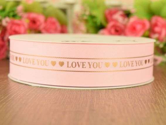 Декоративная лента 30мм, из полиэстера Розовая с надписью Love you, 1м