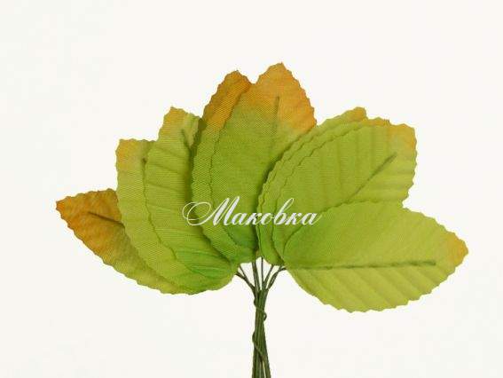 Набір листочків на ніжці, зелені з коричневим краєм 5см, 10 шт Набір листочків на ніжці, зелені з коричневим краєм 5см, 10 шт