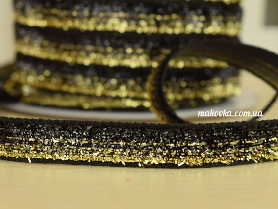 Оксамитова стрічка 10 мм, люрекс меланж чорний-золотий, 1 м Оксамитова стрічка 10 мм, люрекс меланж чорний-золотий, 1 м
