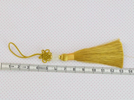 Шовковиста золота китиця з намистиною та китайським вузликом, довжина 7 см