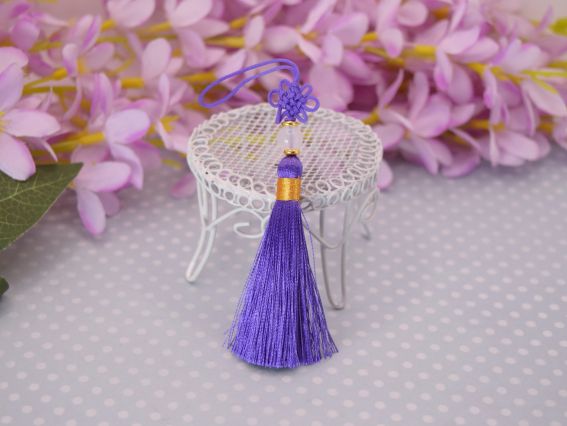 Шовковиста китиця з намистиною та китайським вузликом, довжина 9 см, Фіолетовий колір, 1шт