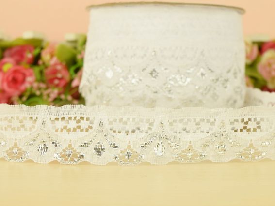 Стрічка мереживна , ширина 30 мм,  №04 , колір Білий з срібним 1501,  1м