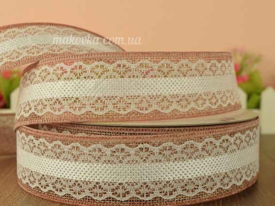 Комбинированная лента Кружево с мешковиной, ширина 38 мм, цвет коричневый с белым 1 метр