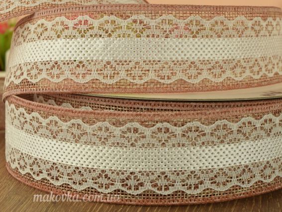 Лента Кружево и мешковина, 38 мм, цвет коричневый с белым 1 метр