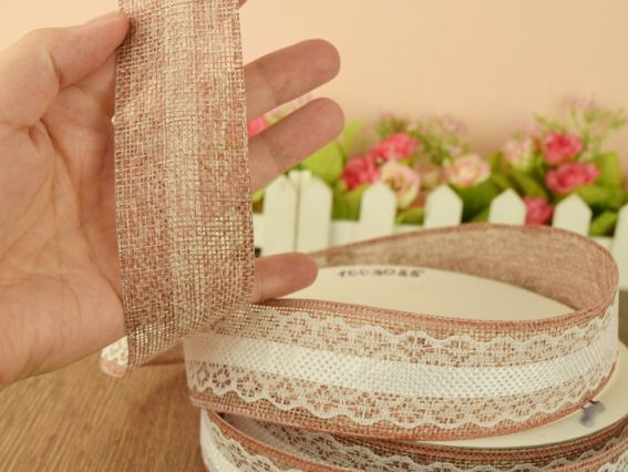 Комбинированная лента Кружево с мешковиной, ширина 38 мм, цвет коричневый с белым 1 метр
