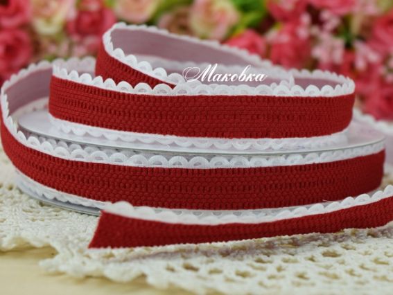 Лента 2 см, красная с белым ажурным бордюром, 1 метр Лента 2 см, красная с белым ажурным бордюром, 1 метр