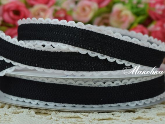 Лента 2 см, черная с белым ажурным бордюром, 1 метр Лента 2 см, черная с белым ажурным бордюром, 1 метр