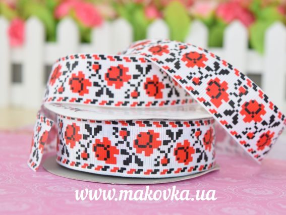 Репсовая лента серия №56 Орнаменты, 25 мм с рисунком Розы черно-красные, 1 метр Репсовая лента серия №56 Орнаменты, 25 мм с рисунком Розы черно-красные, 1 метр