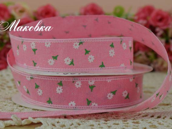 Лента тканевая 2,5 см, розовая в цветочек, 1 метр Лента тканевая 2,5 см, розовая в цветочек, 1 метр