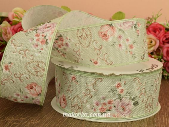 Лента тканевая 4см Салатовая в розочках, 1 метр Лента тканевая 4см Салатовая в розочках, 1 метр