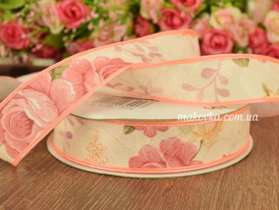 Лента тканевая 2,5см Кремовая с цветочным рисунком и персиковой каймой, 1 метр Лента тканевая 2,5см Кремовая с цветочным рисунком и персиковой каймой, 1 метр