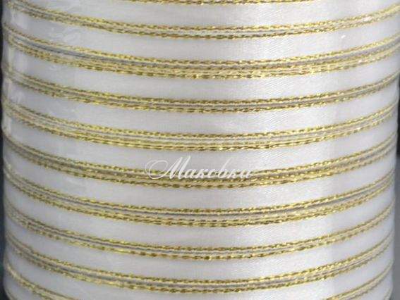 Лента атласная 6 мм с люрексом - белая с золотом, 1 б-на Лента атласная 6 мм с люрексом - белая с золотом, 1 б-на