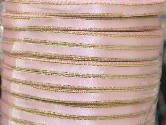 Лента атласная 6 мм с люрексом - бледно-розовая с золотом, 1 бобина Лента атласная 6 мм с люрексом - бледно-розовая с золотом, 1 бобина