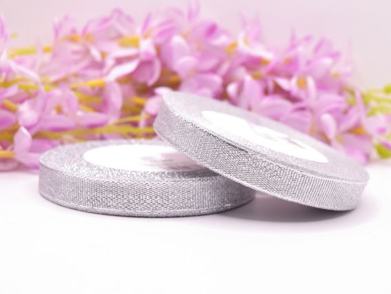 Декоративна стрічка 12мм, блискуча люрексова парчева Срібний колір, 1 рулон