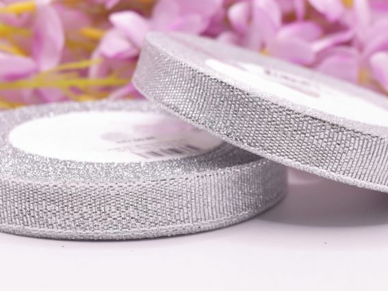 Декоративна стрічка 12мм, блискуча люрексова парчева Срібний колір, 1 рулон