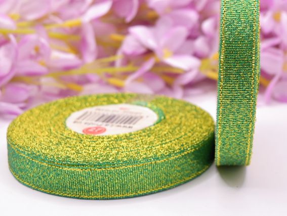 Декоративна стрічка 12мм, блискуча люрексова парчева колір Зелений із золотом, 1 рулон