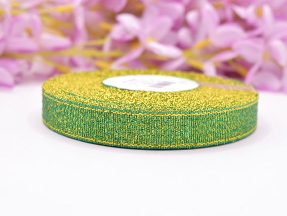 Декоративна стрічка 12мм, блискуча люрексова парчева колір Зелений із золотом, 1 рулон