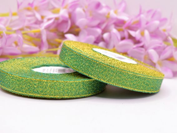 Стрічка 12 мм парчева Зелена із золотом, бобинка Стрічка 12 мм парчева Зелена із золотом, бобинка