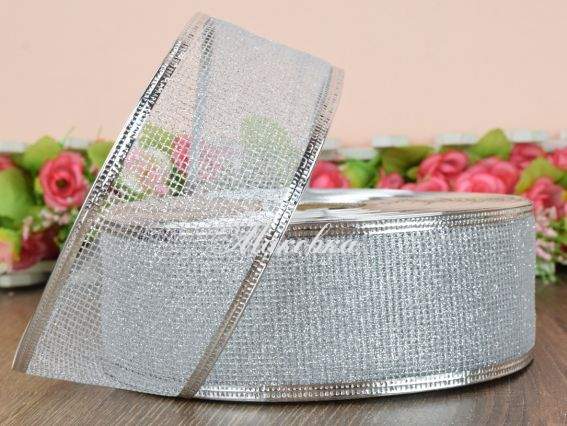 Лента 50 мм, новогодняя RNYY-1954 Сетка в люрексе, СЕРЕБРО,  1м Лента 50 мм, новогодняя RNYY-1954 Сетка в люрексе, СЕРЕБРО,  1м