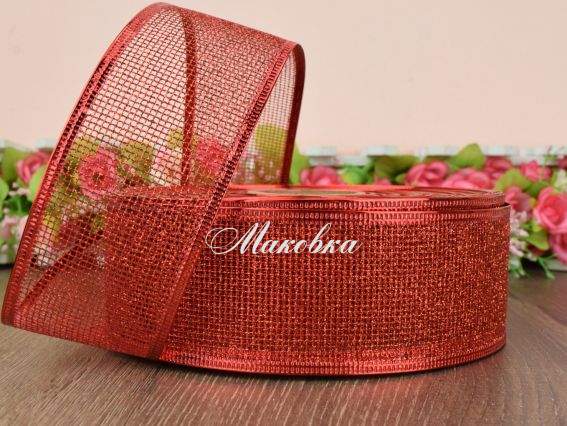 Лента 50 мм, новогодняя RNYY-1954 Сетка в люрексе, КРАСНАЯ,  1м Лента 50 мм, новогодняя RNYY-1954 Сетка в люрексе, КРАСНАЯ,  1м