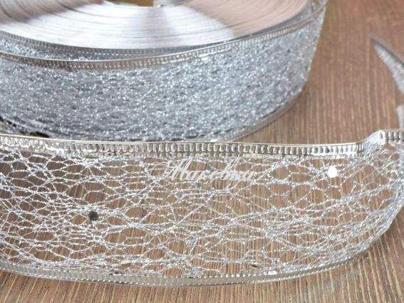 Лента 38 мм, новогодняя RNYY-1952 Паутинка, СЕРЕБРО,  1м Лента 38 мм, новогодняя RNYY-1952 Паутинка, СЕРЕБРО,  1м