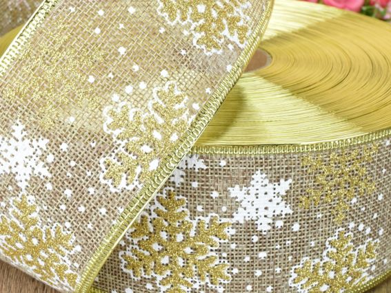 Декоративна стрічка 68мм, RNYY-1919, 1920, 1921, Сітка мішковина із ЗОЛОТИМИ сніжинками