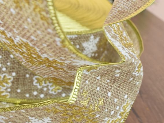 Декоративна стрічка 68мм, RNYY-1919, 1920, 1921, Сітка мішковина із ЗОЛОТИМИ сніжинками