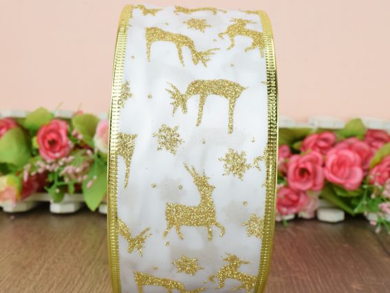 Декоративна стрічка 63 мм, RNYY-1904,1905,1911, білий атлас із золотими оленями 