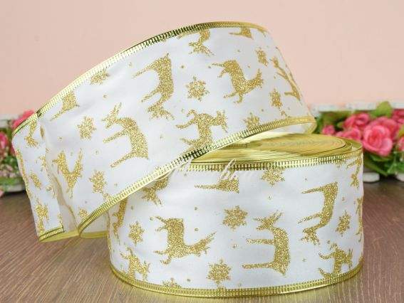 Стрічка 63 мм, новорічна RNYY-1904,1905,1911, атлас білий із золотими оленями Стрічка 63 мм, новорічна RNYY-1904,1905,1911, атлас білий із золотими оленями