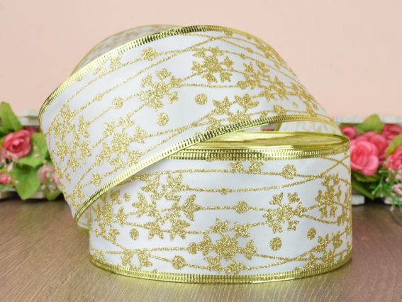 Декоративна стрічка 63 мм, RNYY-1904,1905,1911, білий атлас із золотими середніми сніжинками