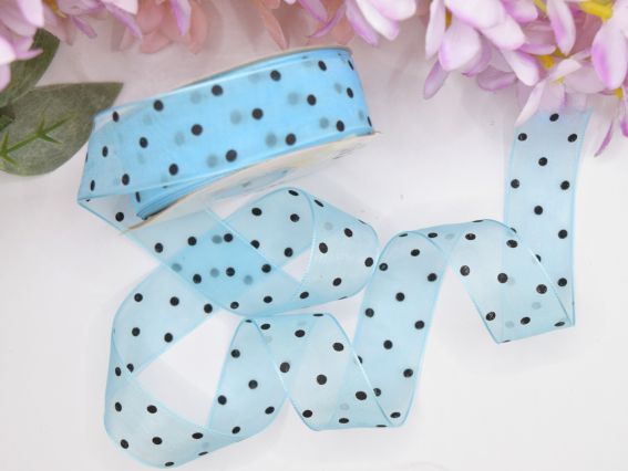 Стрічка Органза 25 мм, №04 Блакитна з чорними крапками, 1 метр Стрічка Органза 25 мм, №04 Блакитна з чорними крапками, 1 метр