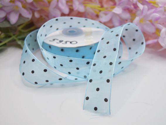 Декоративна стрічка Органза ширина 25 мм, Блакитна з чорними крапками, 1 метр