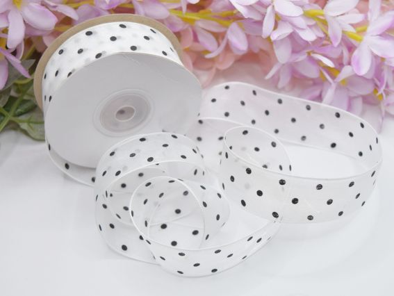 Лента Органза 25 мм, №04 Белая с черными точками, 1 метр