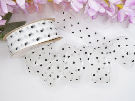 Декоративная лента Органза ширина 25 мм, Белая с черными точками, 1 метр